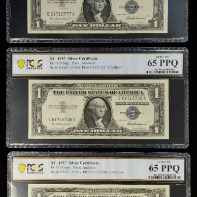 3 1957 $1.00 Silver Certificates in Sequential Serial Numbers PCGS MS-65 PPQ