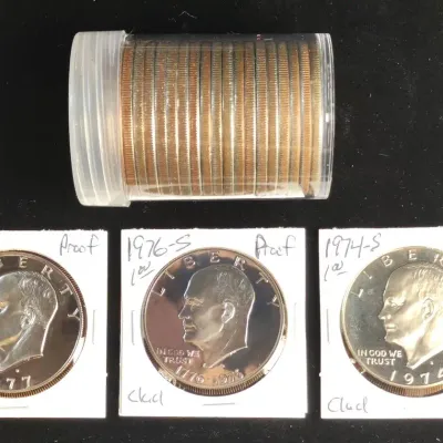 1974-S, 1976-S, 1977-S Proof Eisenhower Dollars & 1 Roll of 20 Ike Dollars