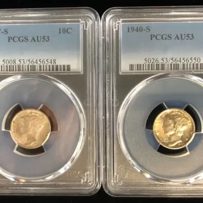 1937-S & 1940-S Silver Mercury Dimes, PCGS AU-53, 2 Total 