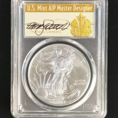 2017 $1.00 1oz Pure Silver Eagle First Day of Issue 1 of 1000 Signed by Thomas Cleveland, PCGS MS-70