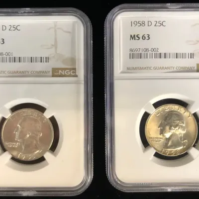 1955-D & 1958-D Uncirculated Silver Washington Quarters, NGC MS-63, 2 Total