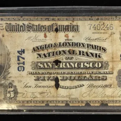1902 $5.00 San Francisco Large National Very Scarce Note