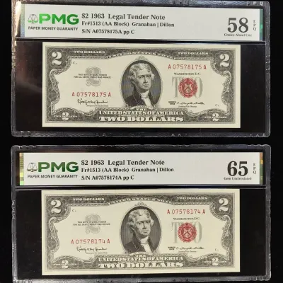 2 $2.00 1963 Red Seal Legal Tender Notes in Sequential Serial Numbers PMG MS-65 & AU-58 EPQ