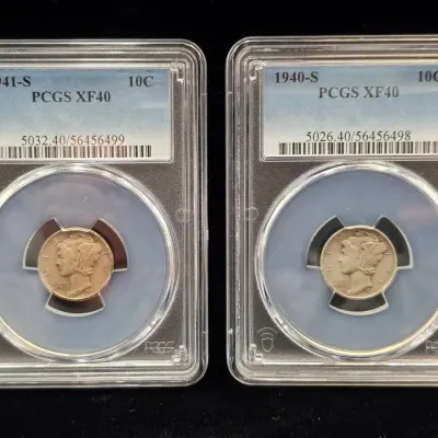 1940-S & 1941-S Silver Mercury Dimes XF-40 PCGS