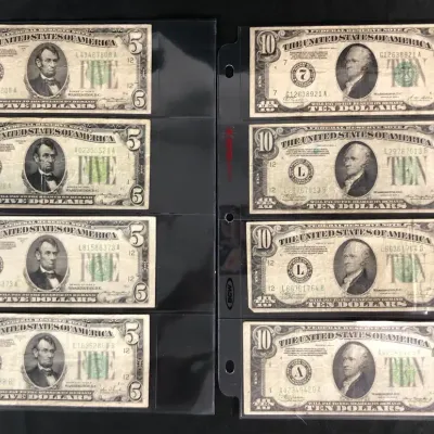 1928 & 1934 $5 & $10 Collectible Federal Reserve Notes, 8 Notes Total 
