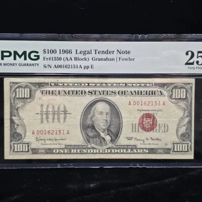 1966 $100.00 Red Seal Legal Tender Note VF-25 PMG Rare $100 Note