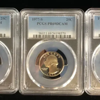 1974-S, 1977-S, & 1978-S Proof Washington Quarters, PCGS PR69DCAM, 3 Total