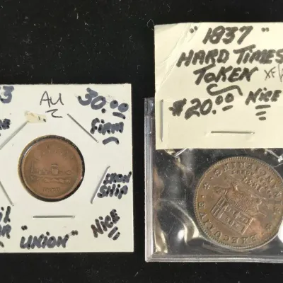 2 Civil War Hard Times Tokens, Very Scarce