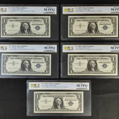 1957-A $1.00 Silver Certificates Sequential Serial Numbers PCGS AU-58 PPQ, 5 Notes