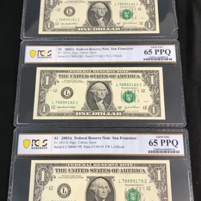 2003A Sequential Serial Number $1 Federal Reserve Notes, PCGS MS-64 & 65 PPQ, 3 Total