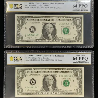 2 1969-A $1.00 Federal Reserve Notes in Sequential Serial Number Order PCGS MS-64 PPQ