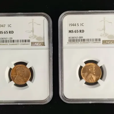 1944-S & 1947-P Lincoln Wheat Cents NGC MS-65 RD
