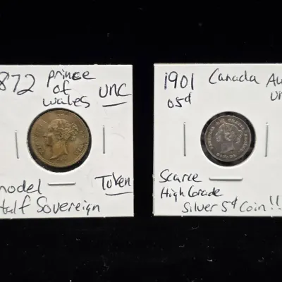 2 Rare Foreign Coins - 1901 5 Cent Canada Silver Coin & 1872 Prince of Wales Token Half Sovereign