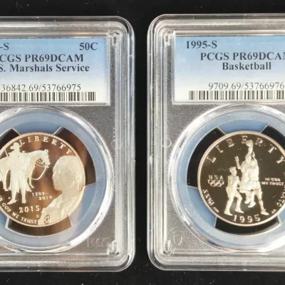 2 US Mint Issued 50 Cent Commemoratives 1995-S Basketball & 2015-S Marshals Proof PCGS PR-69 DCAM