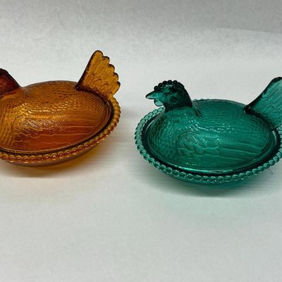 Pair Amber & Teal Hen-on-Nest Dishes
