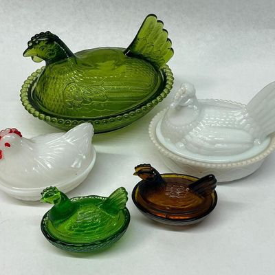 Set 5 Glass Hen on Nest Covered Dishes