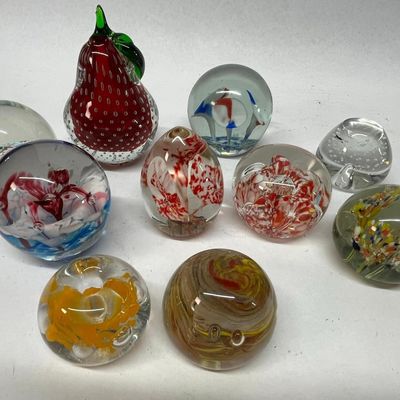 Eleven Art Glass Paperweights & Fruit