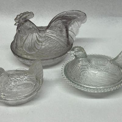 Trio Pressed Glass Hen & Rooster Nests