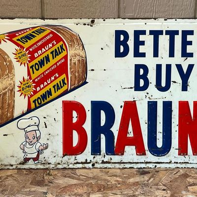 Braun's Town Talk Bread Metal Sign 1954