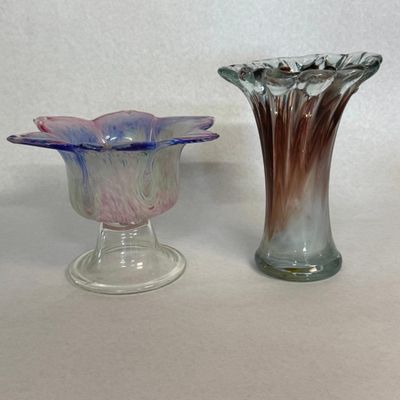 Pair Hand-Blown Ruffled Art Glass