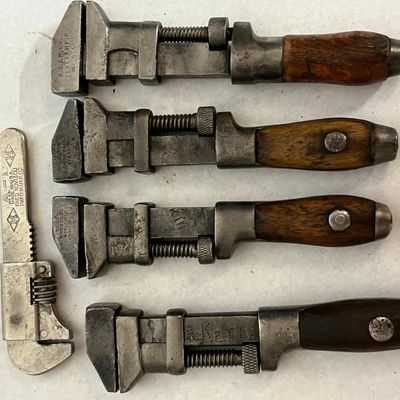 5 Antique Steel & Wood Handled Wrenches