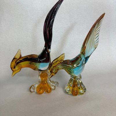 Pair Mid-C. Hand-Blown Glass Pheasants