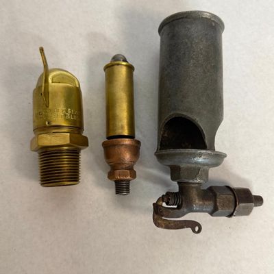 3 Antique Steam Whistles & Safety Valve