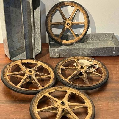 Sale Photo Thumbnail #501: Set 4 Cast Iron Wheels & 2 Steel Bins