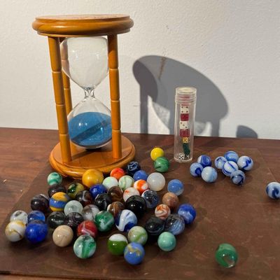 Sale Photo Thumbnail #500: Wood Hourglass, Dice & Glass Marbles