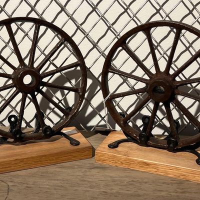 Sale Photo Thumbnail #6: Pair Cast Iron Wheel Bookends on Oak