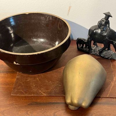 Sale Photo Thumbnail #503: Stoneware Bowl, Wood Carving & Pear