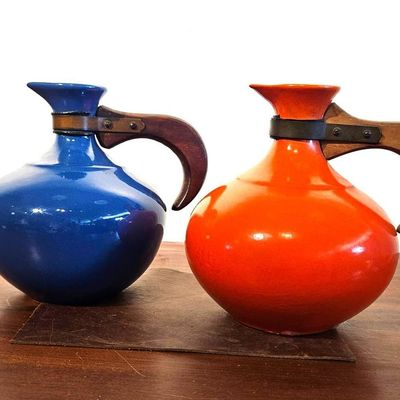 Sale Photo Thumbnail #241: Pair Mid-C. Wood-Handle Ceramic Carafes