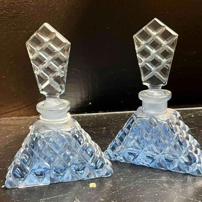 Sale Photo Thumbnail #86: A Pair of Art Deco Style Aquamarine Cut Glass Perfume Bottles