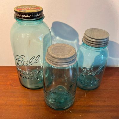 Sale Photo Thumbnail #615: 3 Ball Blue Mason Jars w/ Nescafe