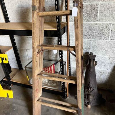 Sale Photo Thumbnail #618: Industrial Wood Step Ladder w/ Markings
