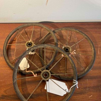 Sale Photo Thumbnail #453: 3 Iron Spoke Wheels w/ Rubber Tires