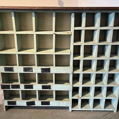 Sale Photo Thumbnail #398: Industrial 62 Cubby Wood Cabinet w/ Top