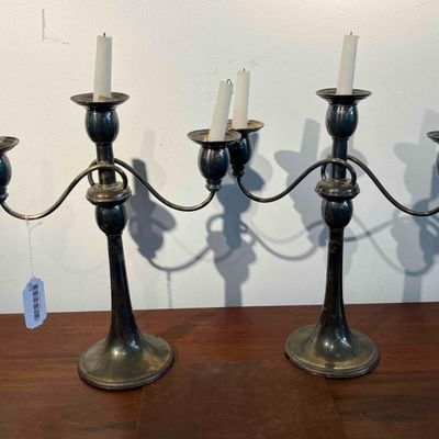 Sale Photo Thumbnail #232: Pair 3-Light Silver-Plated Candelabras