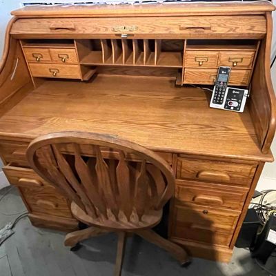 Sale Photo Thumbnail #721: Solid Oak Roll-Top Desk & Swivel Chair