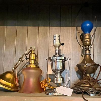 Sale Photo Thumbnail #567: Brass & Glass Pendant & 2 Table Lamps