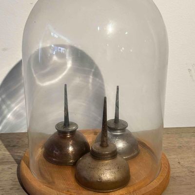 Sale Photo Thumbnail #124: 3 American Industrial Oil Cans & Cloche