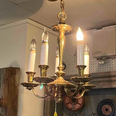 Sale Photo Thumbnail #516: 5-Arm Colonial Revival Brass Chandelier