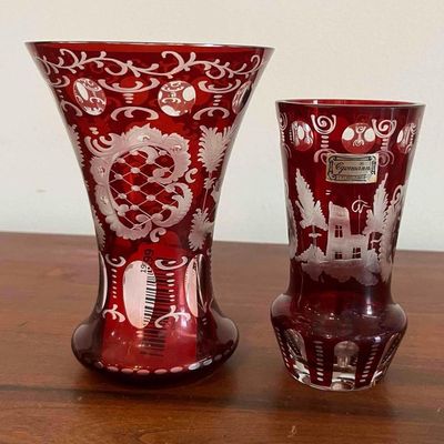 Sale Photo Thumbnail #208: Pair Egermann Ruby Cut-to-Clear Vases
