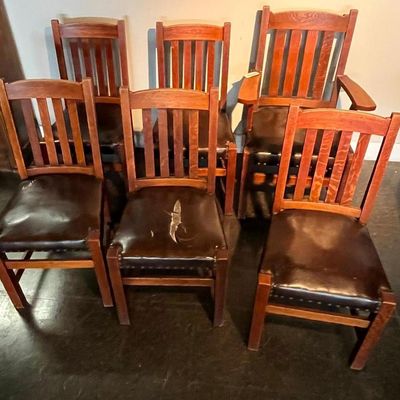 Sale Photo Thumbnail #199: Set 6 Arts & Crafts Mission Oak Chairs