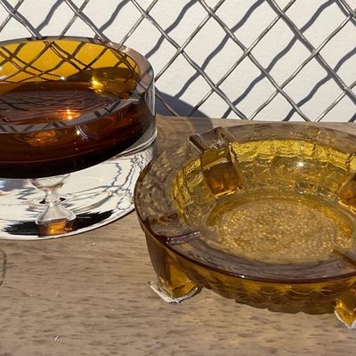 Sale Photo Thumbnail #22: Pair Mid-C. Modern Amber Glass Ashtrays