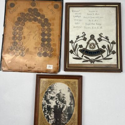 Sale Photo Thumbnail #663: Trio Framed Masonic Bullion & Photo