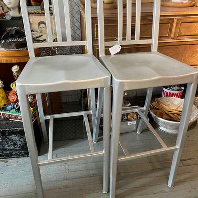 Sale Photo Thumbnail #539: Pair Industrial Silver Metal Barstools