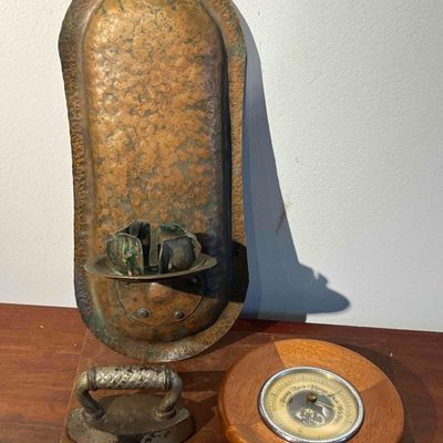 Sale Photo Thumbnail #521: Copper Sconce, Sad Iron & Barometer