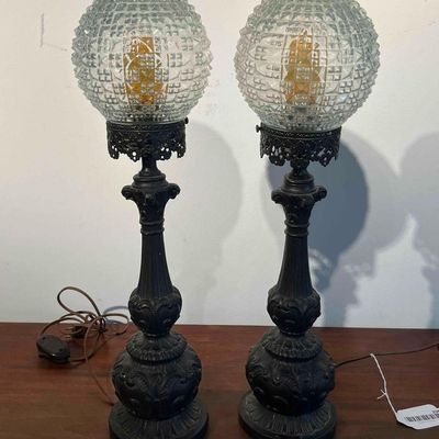 Sale Photo Thumbnail #217: Pair Neo-Classical Metal Lamps w/ Glass