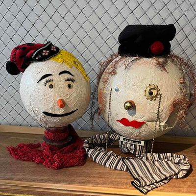 Sale Photo Thumbnail #447: Pair Mixed Media Folk Art Snowman Heads